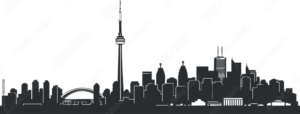 Fototapeta premium A silhouette of the Toronto skyline featuring the CN Tower and various urban landmarks in black and white vector style, ideal for travel and tourism branding