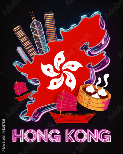 Neon Hong Kong illustration with city skyline, junk boats, dim sum and red map with flag flower on dark glowing background
