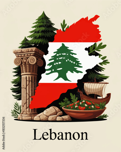 Lebanon culture illustration with flag map cedar trees ancient column Phoenician ship and traditional Lebanese food
