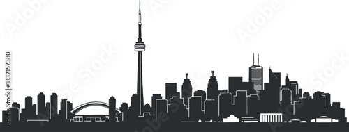 A silhouette of the Toronto skyline featuring the CN Tower and various urban landmarks in black and white vector style, ideal for travel and tourism branding