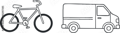A collection of a bicycle and a delivery van in flat outline vector style, suitable for transportation and logistics designs