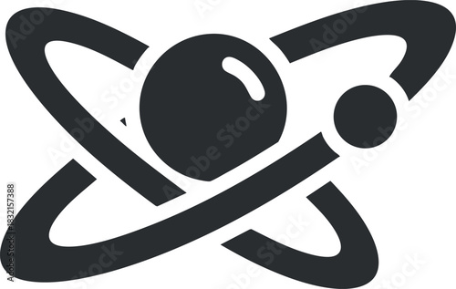 A stylized atom with orbiting electrons in a black geometric vector style, ideal for science and technology themes