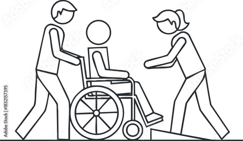 A scene depicting two individuals assisting a person in a wheelchair in minimalist outline vector style, ideal for healthcare and accessibility themes