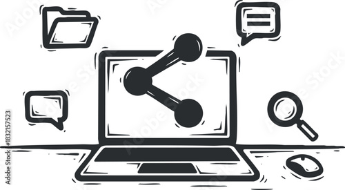 A laptop displaying a sharing network concept with communication icons in black and white minimalist vector style, ideal for digital marketing and technology projects