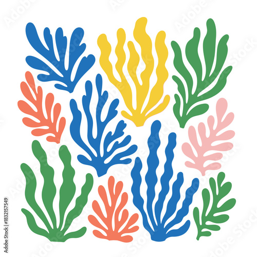 Colorful abstract seaweed collage on white background matisse inspired