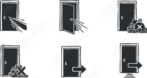 A set of door icons illustrating open and closed doors with waste and recycling elements in a minimalist black and white vector style, suitable for interior design and organization themes