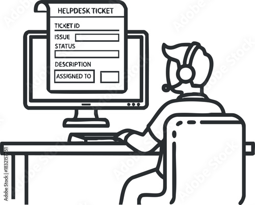A helpdesk support operator working on a computer with a ticket form displayed in outline vector style, suitable for tech support and customer service themes