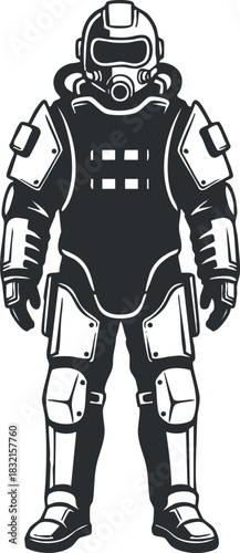 A futuristic armored soldier character in a black and white outline vector style, suitable for sci-fi themes and illustrations