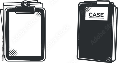 A set of clipboards and case files in black and white vector style, suitable for office and business applications