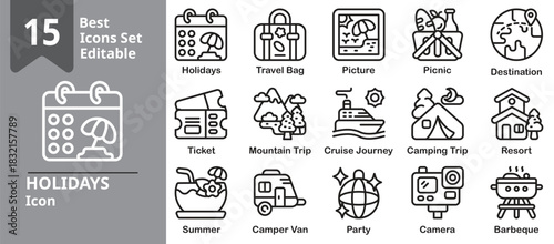 Holidays icon set. Contains beach, city trip, suitcase, flight, hotel, palm tree, camera, and leisure. Editable outline vector illustration.