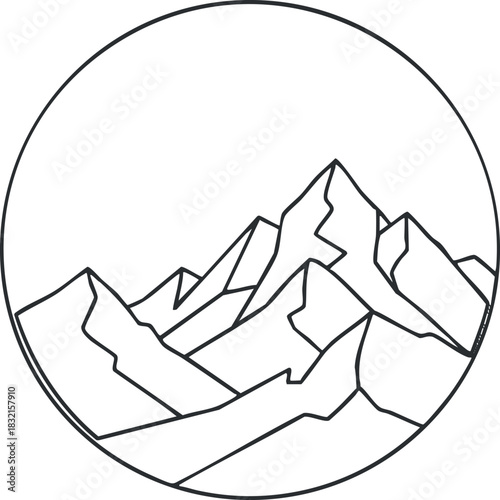 A minimalist outline illustration of mountains within a circular frame in black and white vector style, suitable for outdoor adventure branding
