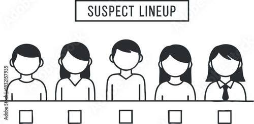 A suspect lineup featuring five faceless characters in a black and white minimalist vector style, suitable for crime and investigation themes