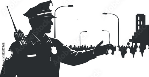 A police officer silhouette directing a crowd in black and white minimalist vector style, suitable for public safety campaigns