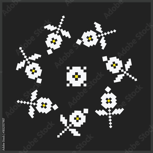 Round pixel floral frame based on Ukrainian embroidery ornament with white flowers on dark background
