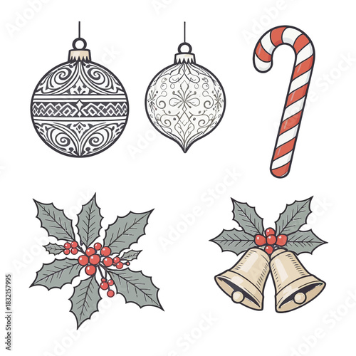 Festive Christmas Ornaments and Decorations Baubles, Candy Cane, and Holly