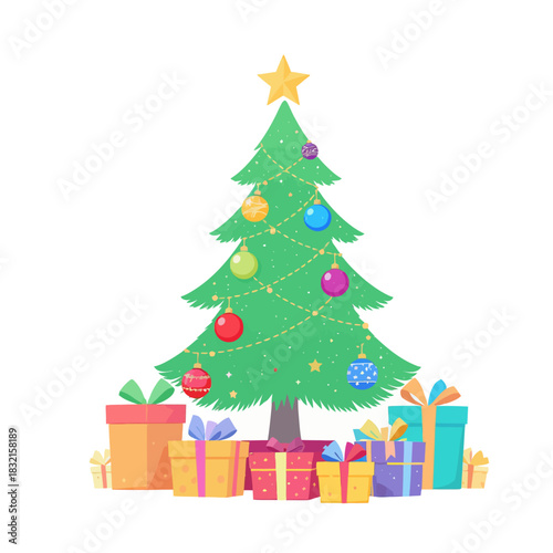 Festive Christmas Tree Decorated with Ornaments and Surrounded by Gift Boxes, Celebrating Holiday Season