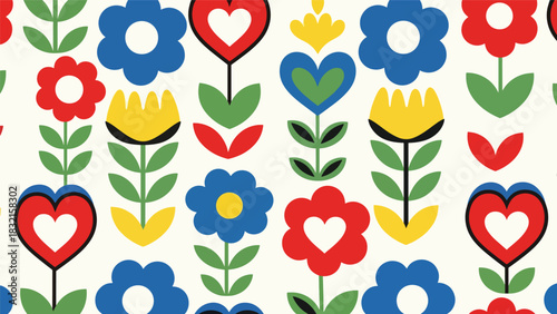 Seamless Scandinavian folk floral pattern with symmetrical hearts, flowers, and playful shapes in a clean flat modern vector style