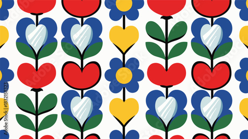 Seamless Scandinavian folk floral pattern with symmetrical hearts, flowers, and playful shapes in a clean flat modern vector style