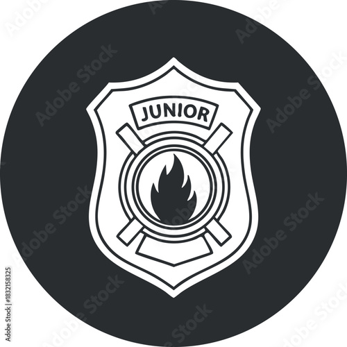 A junior firefighter badge with a flame symbol in black and white vector style, suitable for youth training programs