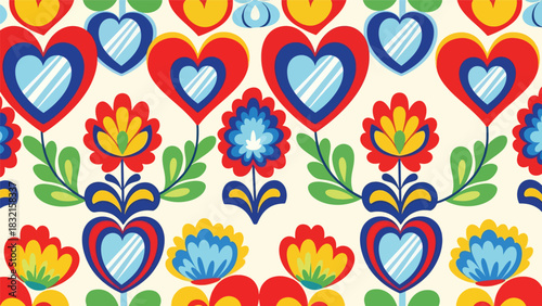 Seamless Scandinavian folk floral pattern with symmetrical hearts, flowers, and playful shapes in a clean flat modern vector style