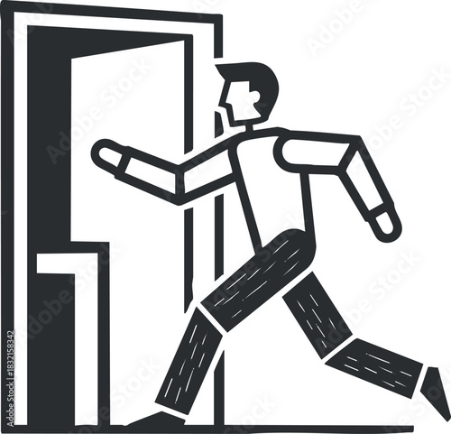 A man running out through an open door in a black and white minimalist vector style, ideal for conveying urgency and movement in designs