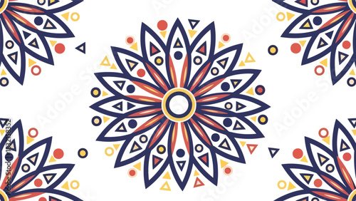 Flat seamless mandala tile pattern inspired by Indian artistry featuring radial symmetry and geometric petals in bold solid vector shapes