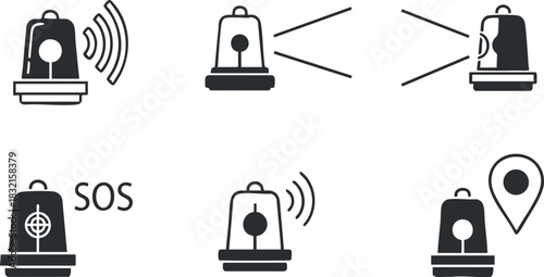 A collection of emergency siren icons in black and white minimalist vector style, ideal for safety and alert designs