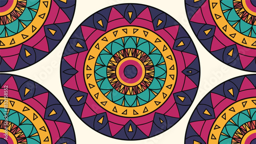 Flat seamless mandala tile pattern inspired by Indian artistry featuring radial symmetry and geometric petals in bold solid vector shapes