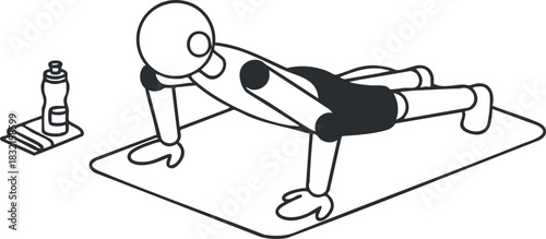 A person doing push-ups on an exercise mat in a minimalist black and white vector style, ideal for fitness and health-related projects