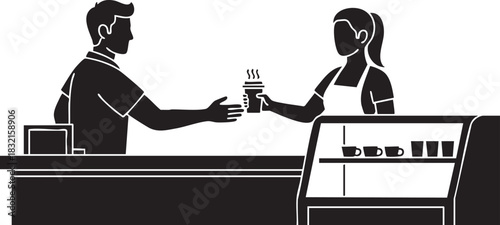 Barista handing hot coffee cup to customer in cafe silhouette