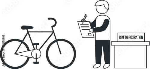 A person registering a bicycle at a desk labeled 'Bike Registration' in minimalist black and white vector style, suitable for educational and informational materials