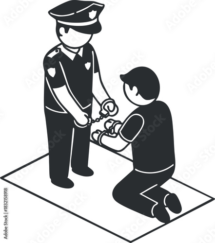 A police officer arresting a kneeling person with handcuffs in black and white minimalist vector style, suitable for law enforcement graphics