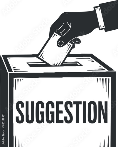 A hand placing a suggestion card into a ballot box in black and white outline vector style, suitable for civic engagement and feedback initiatives