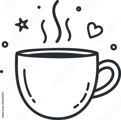 A steaming cup of coffee with stars and hearts in minimalist outline vector style, perfect for cozy cafe designs