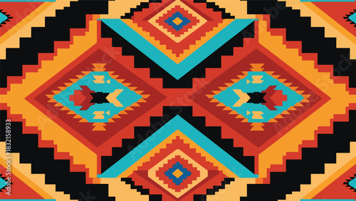 Seamless flat vector southwestern pattern inspired by tribal diamonds and zigzag lines arranged in rhythmic cultural repetition