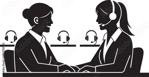 Two customer service agent silhouettes wearing headset in call center