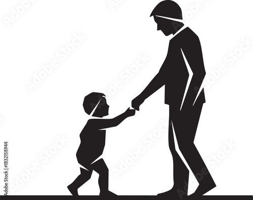 Silhouette of father holding hand of small child walking
