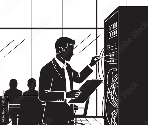 Silhouette of it professional connecting cable to server rack in data center