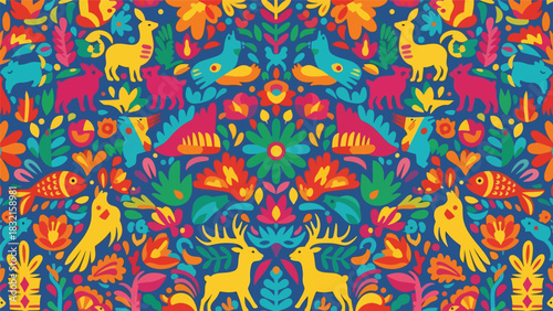 Seamless Otomi-inspired folk pattern with stylized animals and flowers arranged symmetrically in bold flat solid vector form