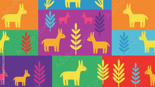 Seamless Otomi-inspired folk pattern with stylized animals and flowers arranged symmetrically in bold flat solid vector form