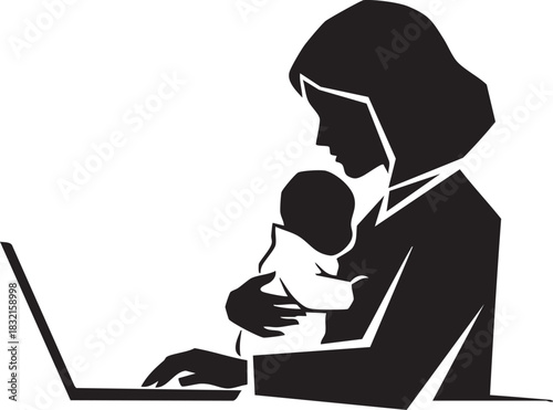 Silhouette of mother working on laptop while holding baby