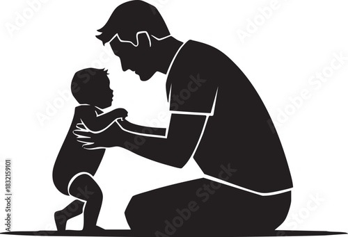 Silhouette of father helping baby stand or take first step