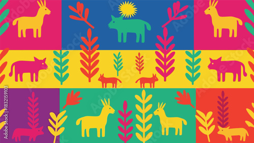 Seamless Otomi-inspired folk pattern with stylized animals and flowers arranged symmetrically in bold flat solid vector form