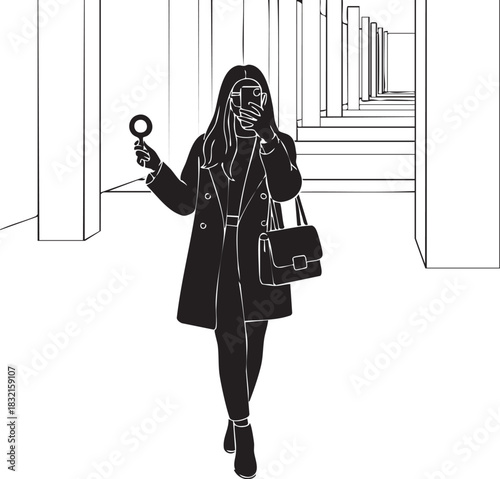 Silhouette of a woman taking a selfie while holding a magnifying glass