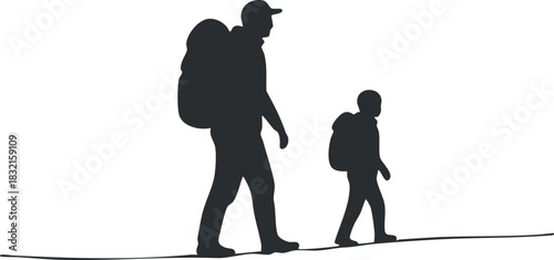 A silhouette of a father and son hiking together with backpacks in minimalist black and white vector style, ideal for outdoor adventure themes
