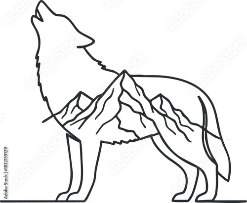A howling wolf with a mountain landscape integrated into its body in minimalist line art vector style, ideal for nature-themed designs