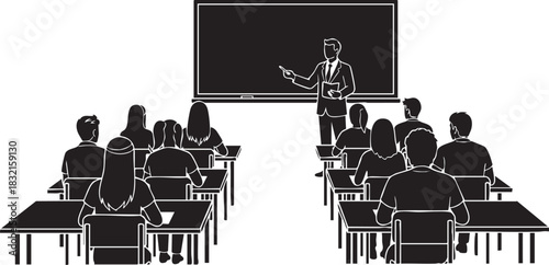Silhouette of teacher pointing at blackboard in classroom with student audience