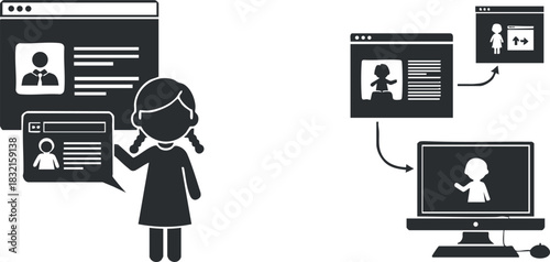 A girl interacting with chat and profile screens in a flat black and white vector style, ideal for digital communication themes