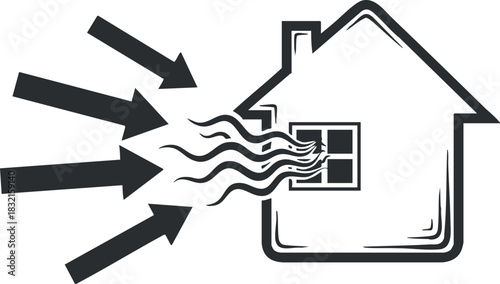 A house with arrows indicating airflow in a modern black and white vector style, suitable for energy efficiency and home improvement concepts