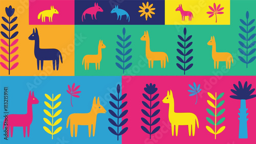 Seamless Otomi-inspired folk pattern with stylized animals and flowers arranged symmetrically in bold flat solid vector form